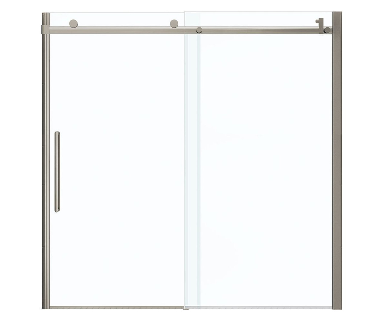 56.5 to 59in x 59in Frameless Slider Tub Door with Clear Glass, in Brushed Nickel 56.5 to 59in x 59in Frameless Slider Tub Door with Clear Glass, in Brushed Nickel