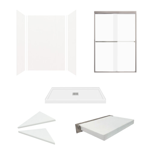KSAE4836C-31BS 48-in x 36-in x 72-in 6-Piece Glue-on Expressions Shower Kit with Door and Accessories, White/Brushed Stainless Steel