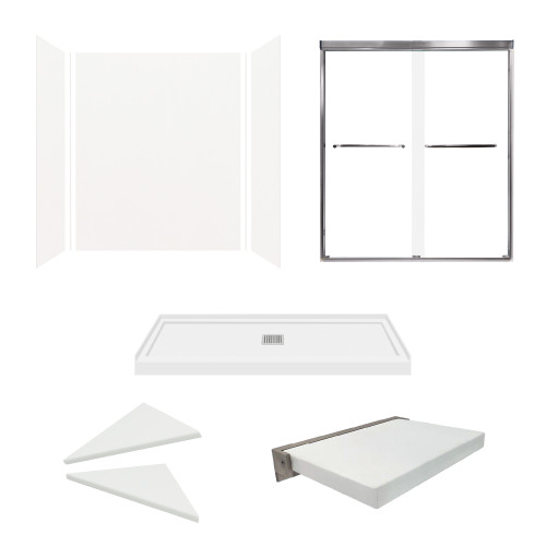 KSAE6036C-31BS 60-in x 36-in x 72-in 6-Piece Glue-on Expressions Shower Kit with Door and Accessories, White/Brushed Stainless Steel