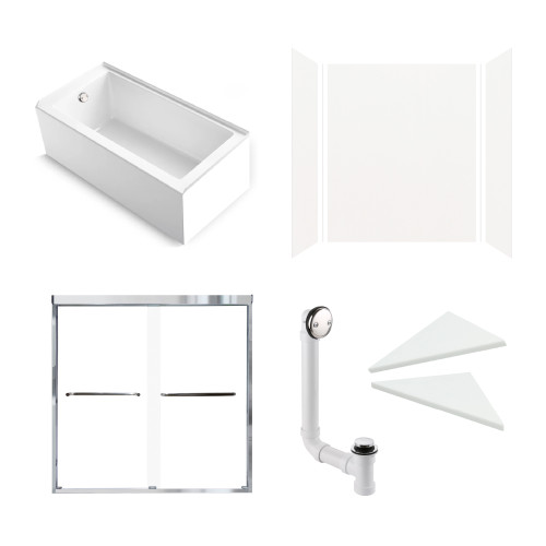 KTAE6030L-31PC 60-in x 30-in x 92-in 6-Piece Glue-on Expressions Shower/Tub Kit with Door and Accessories, White/Polished Chrome