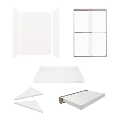 KSAE4834C-31BS 48-in x 34-in x 72-in 6-Piece Glue-on Expressions Shower Kit with Door and Accessories, White/Brushed Stainless Steel