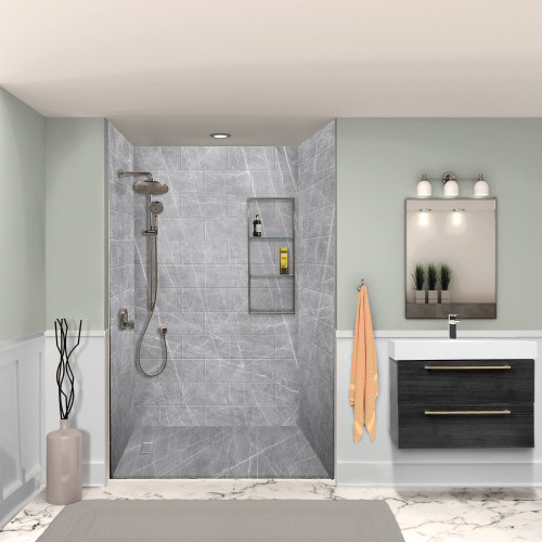 PPWK603696-59 Prodigy Plus 60-in x 36-in x 96-in Shower Wall Kit, Ashy Grey (8-in x 16-in Horizontal Tile Pattern with Stone Color)