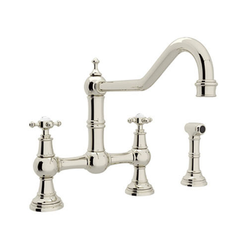 Bridge Kitchen Faucet and Metal Cross Handles in Polished Nickel
