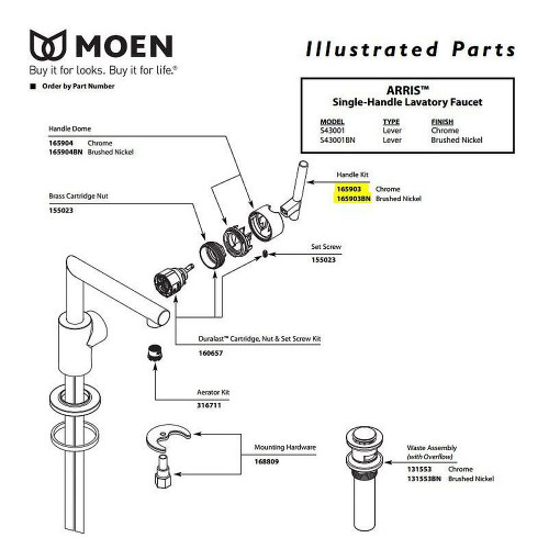 Moen 165903BN Replacement Handle Kit for Bathroom Faucets in Brushed Nickel