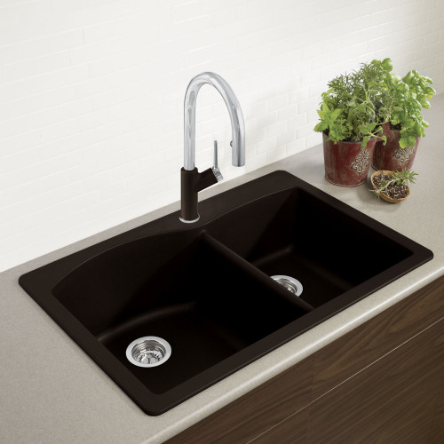 22-In X 33-In Double-Basin Granite Drop-In Or Undermount 1-Hole Residential Kitchen Sink in Cafe Brown