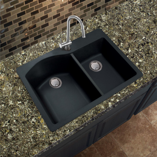 Transolid Aversa 33in x 22in silQ Granite Drop-in Double Bowl Kitchen Sink with 2 BE Faucet Holes, In Black