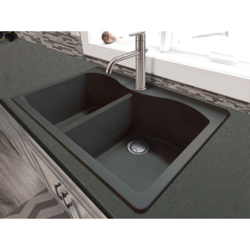 Transolid Aversa 33in x 22in silQ Granite Drop-in Double Bowl Kitchen Sink with 2 CB Faucet Holes, in Black