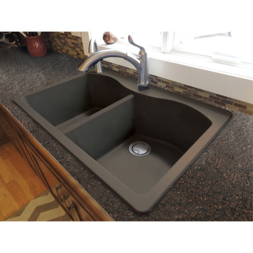 33-in X 22-in X 9.5-in silQ Granite Kitchen Sink with Double Equal bowls, Drop-in Installation with 2 CD Faucet Holes, in Espresso