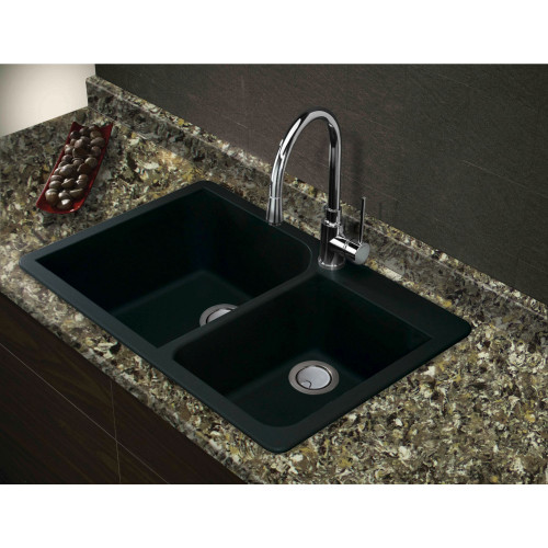 33-in X 22-in X 9.5-in silQ Granite Kitchen Sink with 1-3/4 Double Offset Bowls, Drop-in Installation, with 2 AD Faucet Holes, In Black