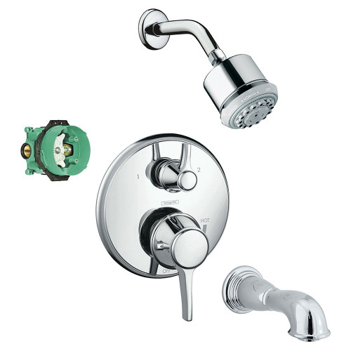 Hansgrohe KST15753-28496-88PC Clubmaster Showerhead Kit with Tub Spout Thermostatic Trim with Diverter and Rough-in in Chrome