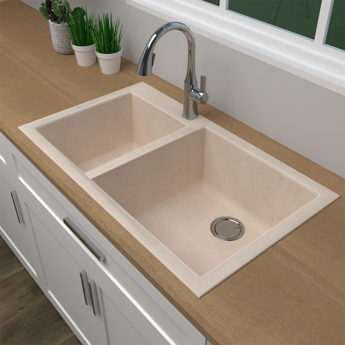 33-in x 18-in x 9-in silQ Granite Kitchen Sink with 1-3/4 Double bowls, Undermount Installation, in Cafe Latte