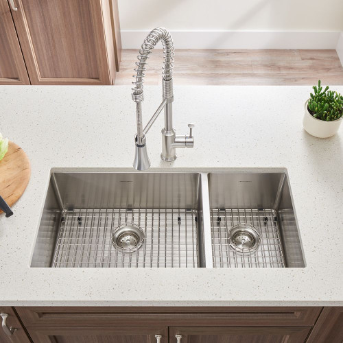 35" Offset Double Basin Kitchen Sink for Undermount Installations with Drains in Stainless Steel