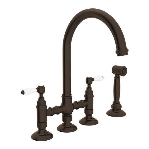 Deck Mount C-Spout 3 Leg Bridge Kitchen Faucet With Sidespray And Porcelain Lever In Tuscan Brass