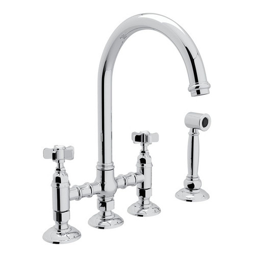 Deck Mount C-Spout 3 Leg Bridge Kitchen Faucet With Sidespray And Five Spoke Handles Sidespray In Polished Chrome