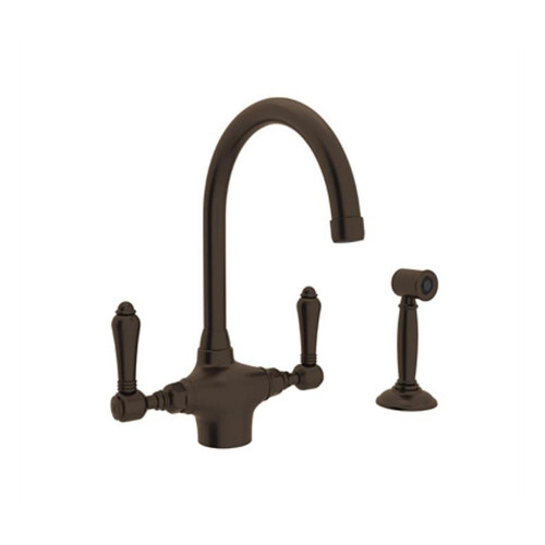 Rohl A1676LMWSTCB-2 Single Hole C-Spout Kitchen Faucet With Metal Lever Sidespray In Tuscan Brass