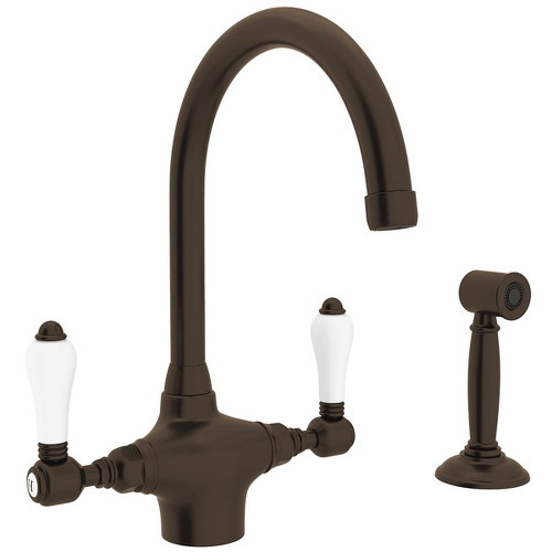 Single Hole C-Spout Kitchen Faucet With Porcelain Lever Sidespray In Tuscan Brass