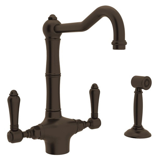 Single Hole C-Spout Kitchen Faucet With Metal Lever Sidespray In Tuscan Brass