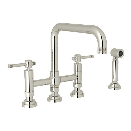 Deck Mount U-Spout 3 Leg Bridge Kitchen Faucet With Sidespray With Industrial Metal Lever Handle In Polished Nickel