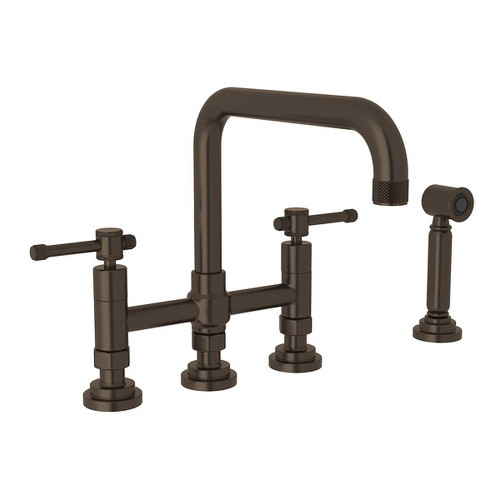 Deck Mount U-Spout 3 Leg Bridge Kitchen Faucet With Sidespray With Industrial Metal Lever Handle In Tuscan Brass
