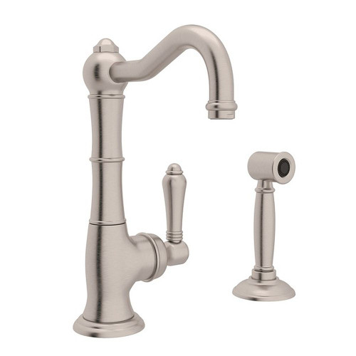 9" Single Hole Column Spout Kitchen Faucet With Sidespray With Metal Lever Handle In Satin Nickel