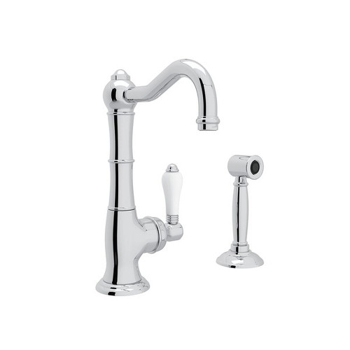 9" Single Hole Column Spout Kitchen Faucet With Sidespray With Porcelain Lever Handle In Polished Chrome