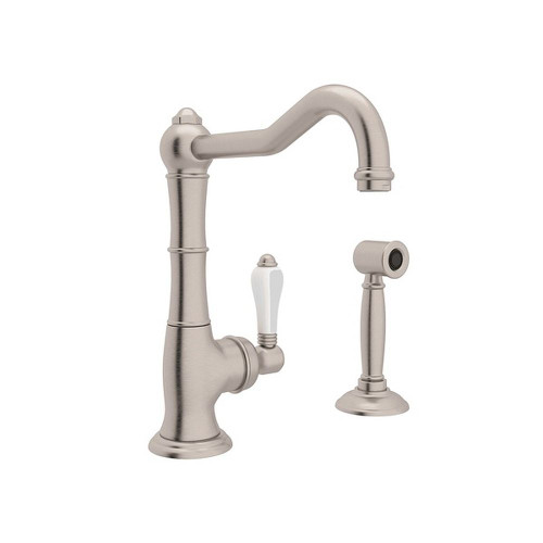 Single Hole Column Spout Bar/Food Prep Faucet With Sidespray With Porcelain Lever Handle In Satin Nickel