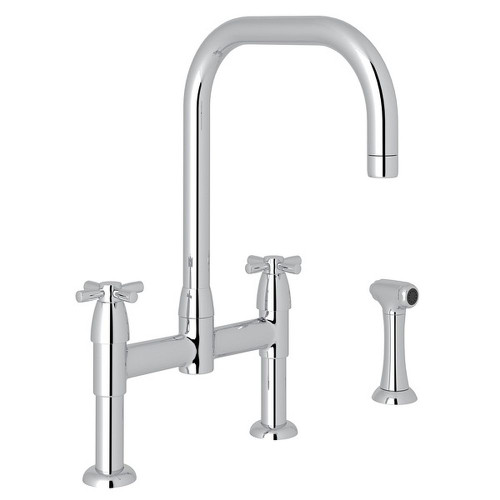 Rowe Holborn U-Spout Bridge Kitchen Faucet With Sidespray And U Spout Cross Handle In Polished Chrome