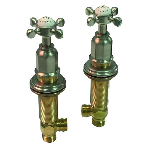 1/2" Pair of Two Deck Sidevalves with Cross Handles in Satin Nickel