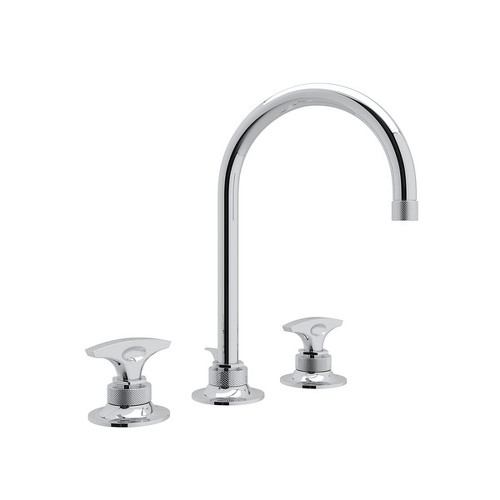 C-Spout Widespread Lavatory Faucet with Metal Dial Handle and 6-1/2" Reach Pop-Up Waste in Polished Chrome