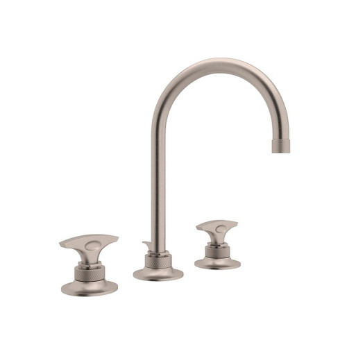 C-Spout Widespread Lavatory Faucet with Metal Dial Handle and 6-1/2" Reach Pop-Up Waste in Satin Nickel