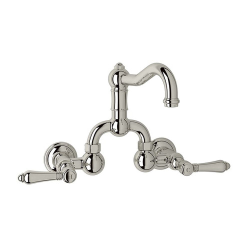 Wall Mount Bridge Lavatory Faucet with Metal Levers Pop-Up and Column Spout in Polished Nickel