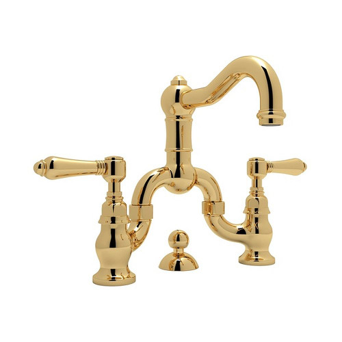 Deck Mount Bridge Lavatory Faucet with Metal Levers Pop-Up and Column Spout in Italian Brass