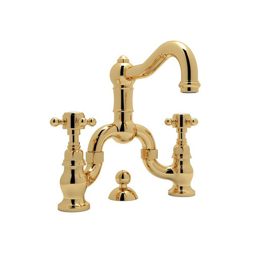 Deck Mount Bridge Lavatory Faucet with Cross Handles Pop-Up and Column Spout in Italian Brass