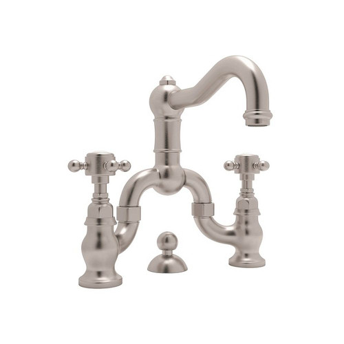 Deck Mount Bridge Lavatory Faucet with Cross Handles Pop-Up and Column Spout in Satin Nickel