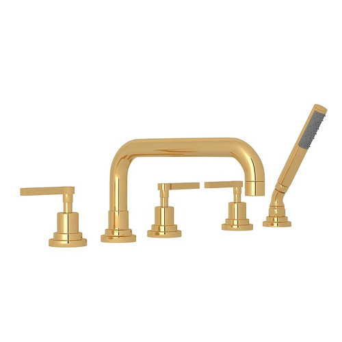 5-Hole Deck Mount Tub Filler with U-Spout Metal Lever Handles Diverter and Handshower in Unlacquered Brass