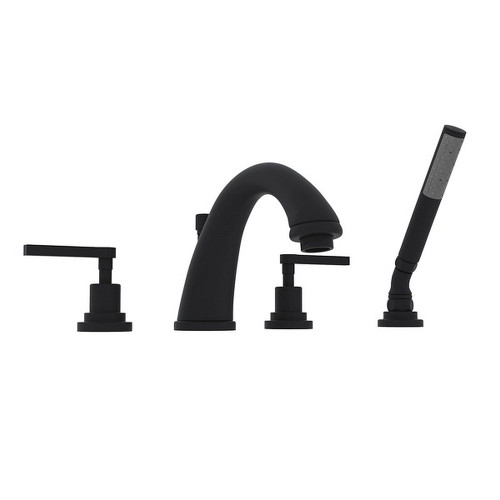 4-Hole Deck Mount C-Spout Tub Filler with Metal Lever Handshower in Matte Black