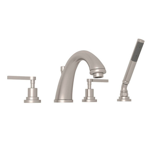 4-Hole Deck Mount C-Spout Tub Filler with Metal Lever Handshower in Satin Nickel