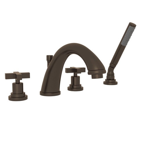 4-Hole Deck Mount C-Spout Tub Filler with Handshower in Tuscan Brass