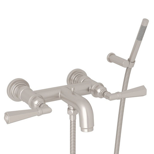 Wall Mount Exposed Tub Set with Metal Lever Handles and Handshower in Satin Nickel