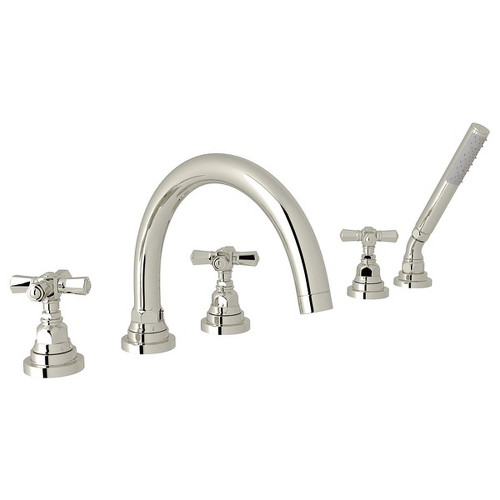 5-Hole Deck Mount Tub Filler with Cross Handle in Polished Nickel