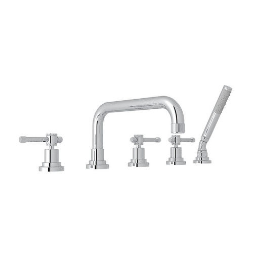 5-Hole Deck Mount Tub Filler with Industrial Metal Levers in Polished Chrome