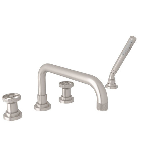 5-Hole Deck Mount Tub Filler with Metal Campo Wheel in Satin Nickel