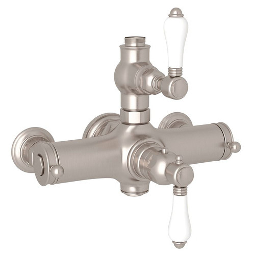 Italian Bath Exposed Thermostatic Valve with White Porcelain Lever in Satin Nickel