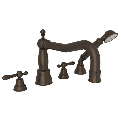 Column Spout 4-Hole Deck Mount Tub Filler with Classic Metal Lever and Handshower in Tuscan Brass