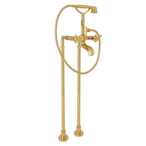 Rohl AKIT1901NXMIB Exposed Floor Mount Tub Filler with Cross Handle Handshower and Floor Pillar Legs or Supply Unions in Italian Brass