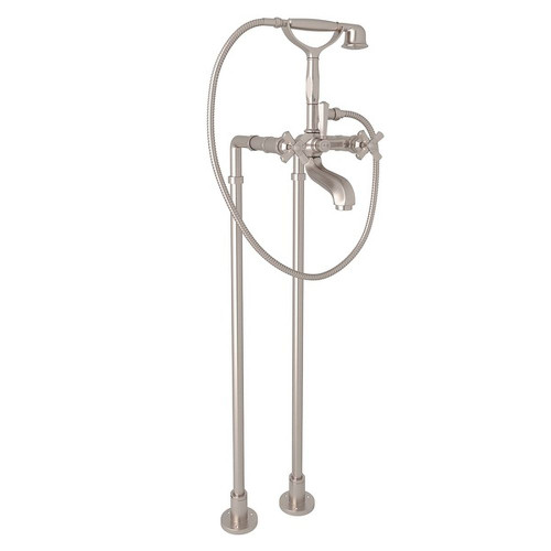 Rohl AKIT1901NXMSTN Exposed Floor Mount Tub Filler with Cross Handle Handshower and Floor Pillar Legs or Supply Unions in Satin Nickel