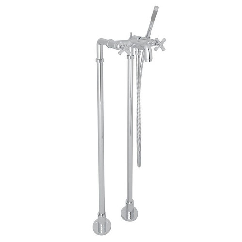 Exposed Floor Mount Tub Filler with Cross Handle Handshower and Floor Pillar Legs or Supply Unions in Polished Chrome
