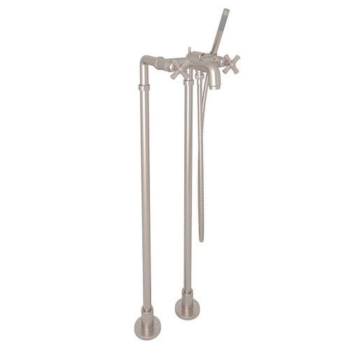 Exposed Floor Mount Tub Filler with Cross Handle Handshower and Floor Pillar Legs or Supply Unions in Satin Nickel