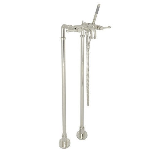 Exposed Floor Mount Tub Filler with Industrial Metal Levers Handshower and Floor Pillar Legs or Supply Unions in Polished Nickel