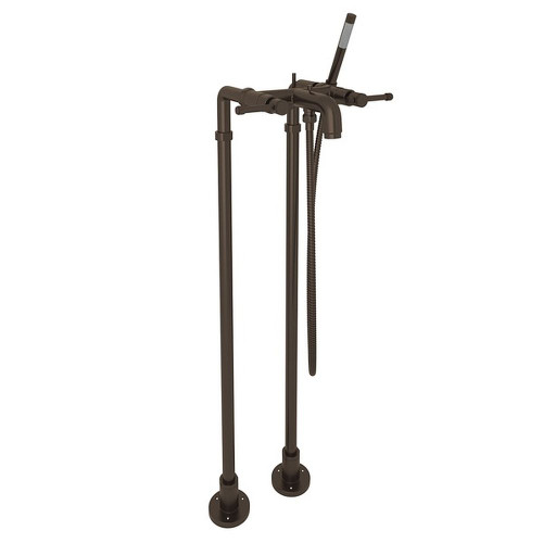 Exposed Floor Mount Tub Filler with Industrial Metal Levers Handshower and Floor Pillar Legs or Supply Unions in Tuscan Brass